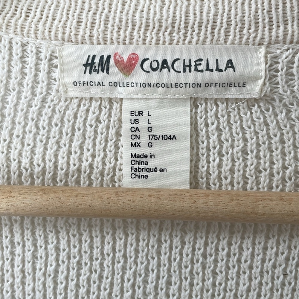H&M Coachella Cadigan Kimono poncho Cream Knit Embroidered Fringe Sleeve Boho L - Picture 4 of 9